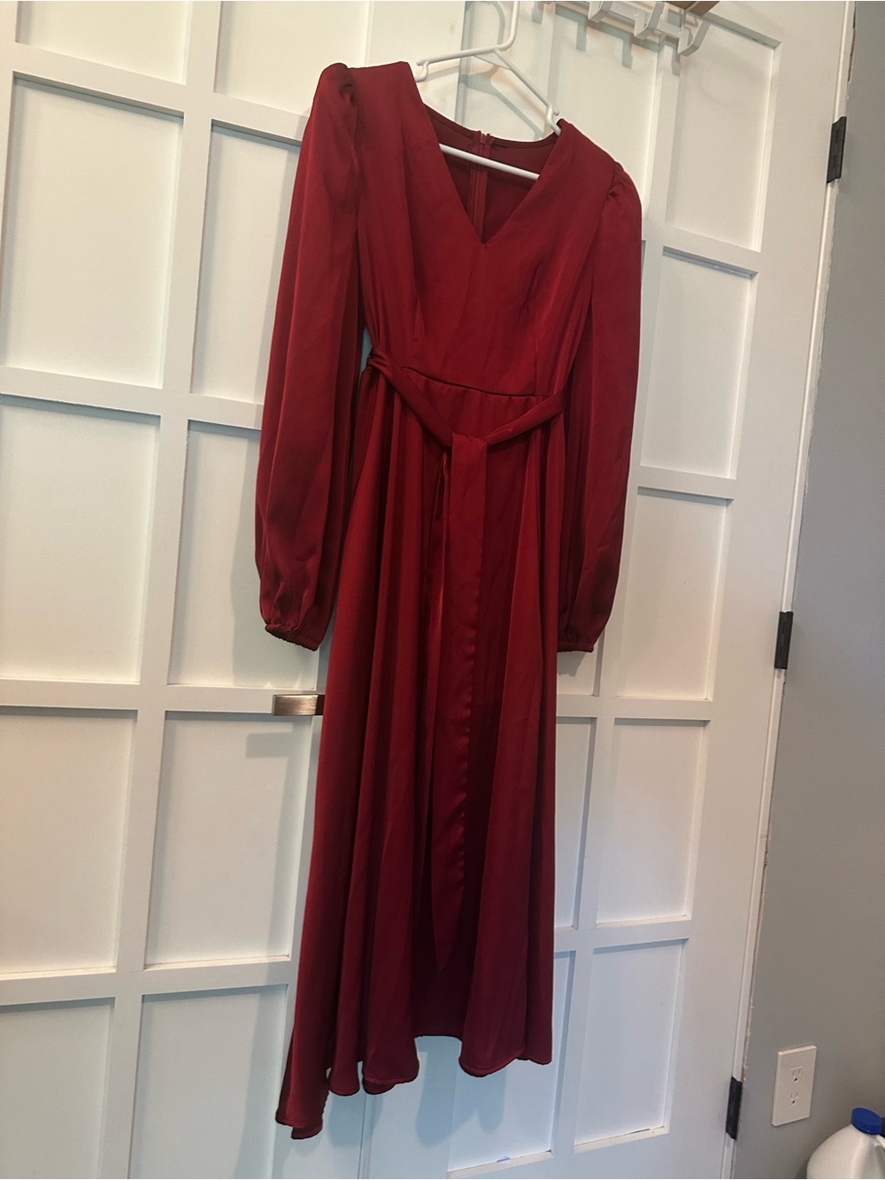 Long-Sleeve Burgundy Red V-Neck Midi Dress with Waist Sash